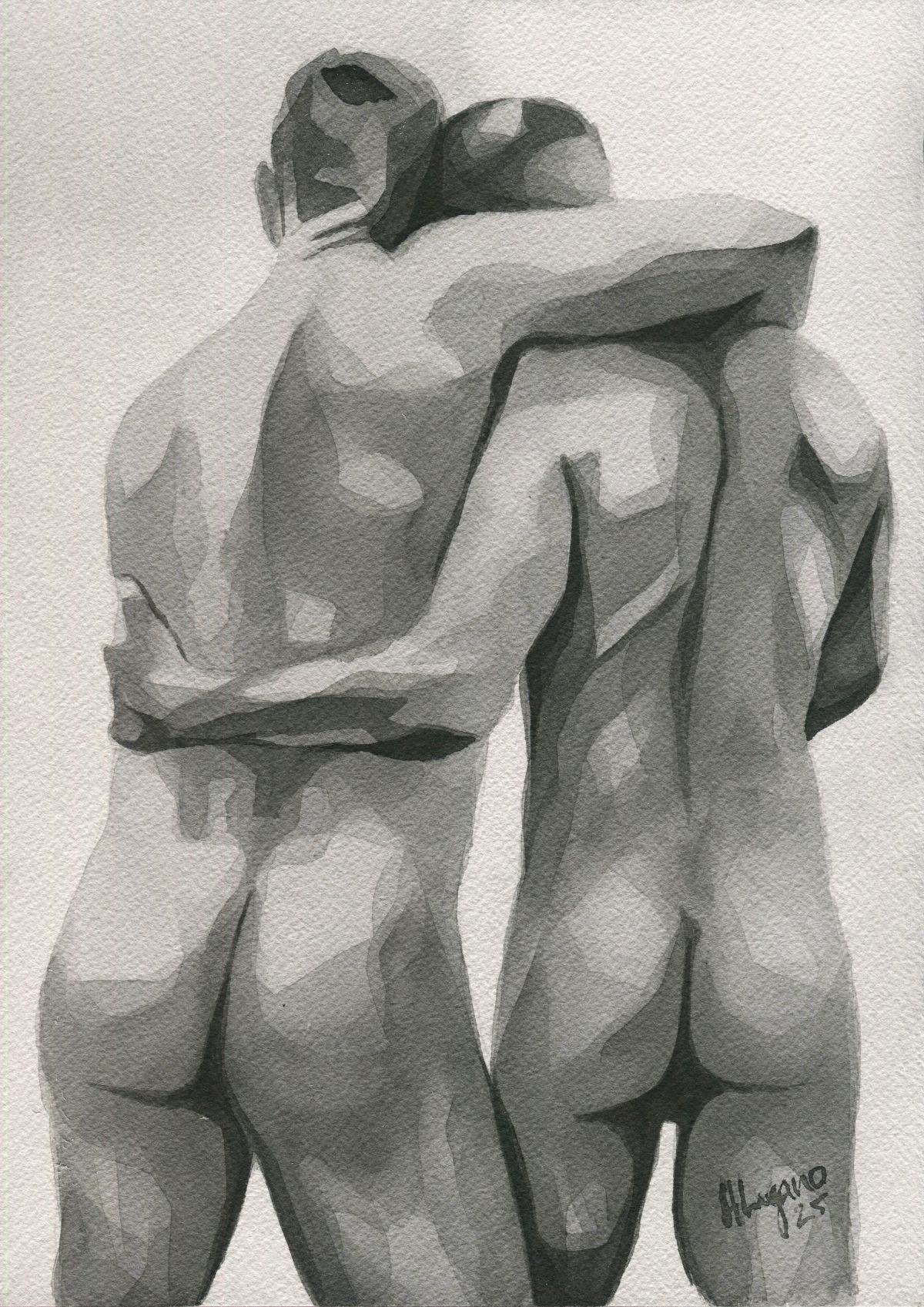 Original Hand painted Artwork Watercolor Painting Erotic Male Man Nude Gay