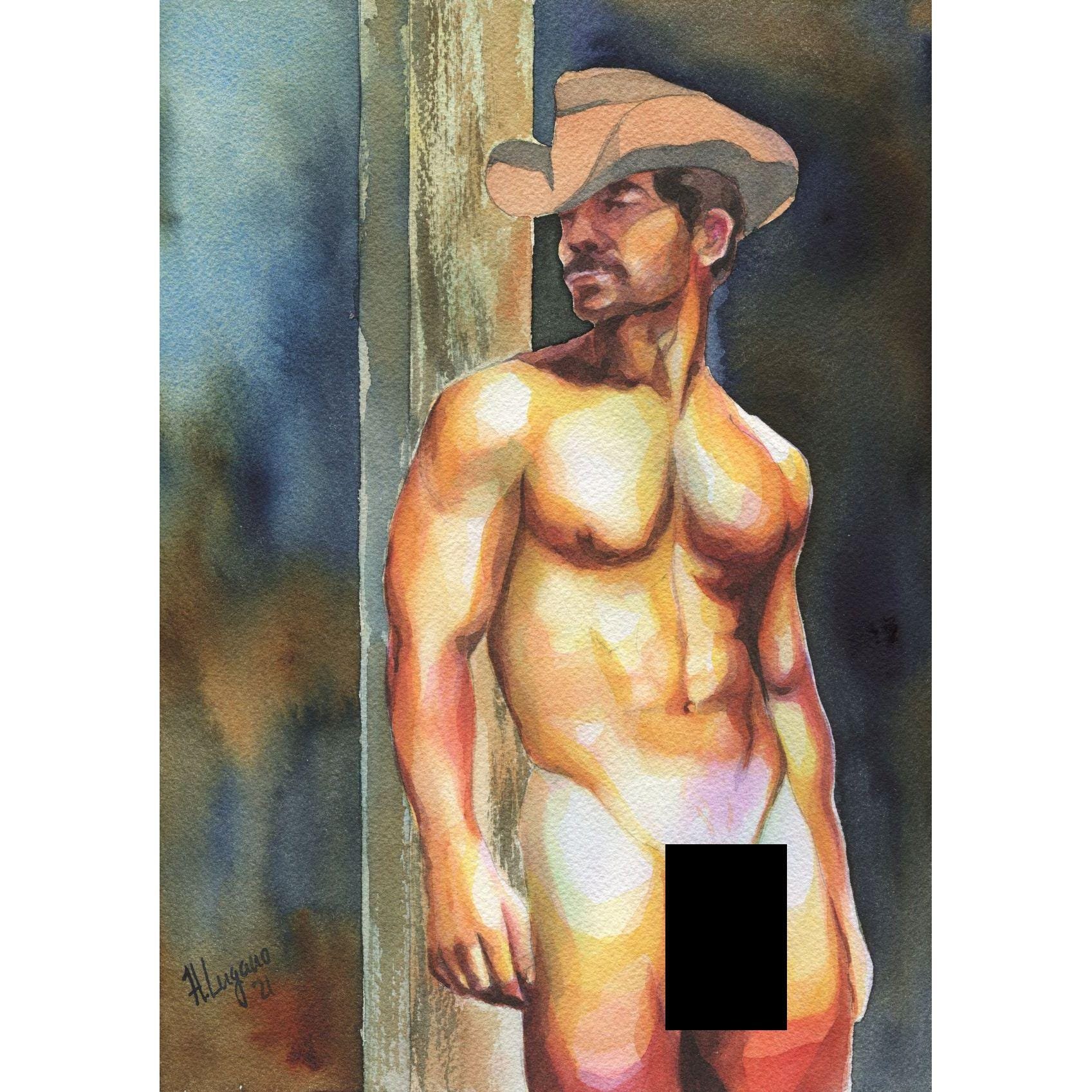 PRINT of Original Art Work Watercolor Painting Gay Male Nude "Cowboy 6"