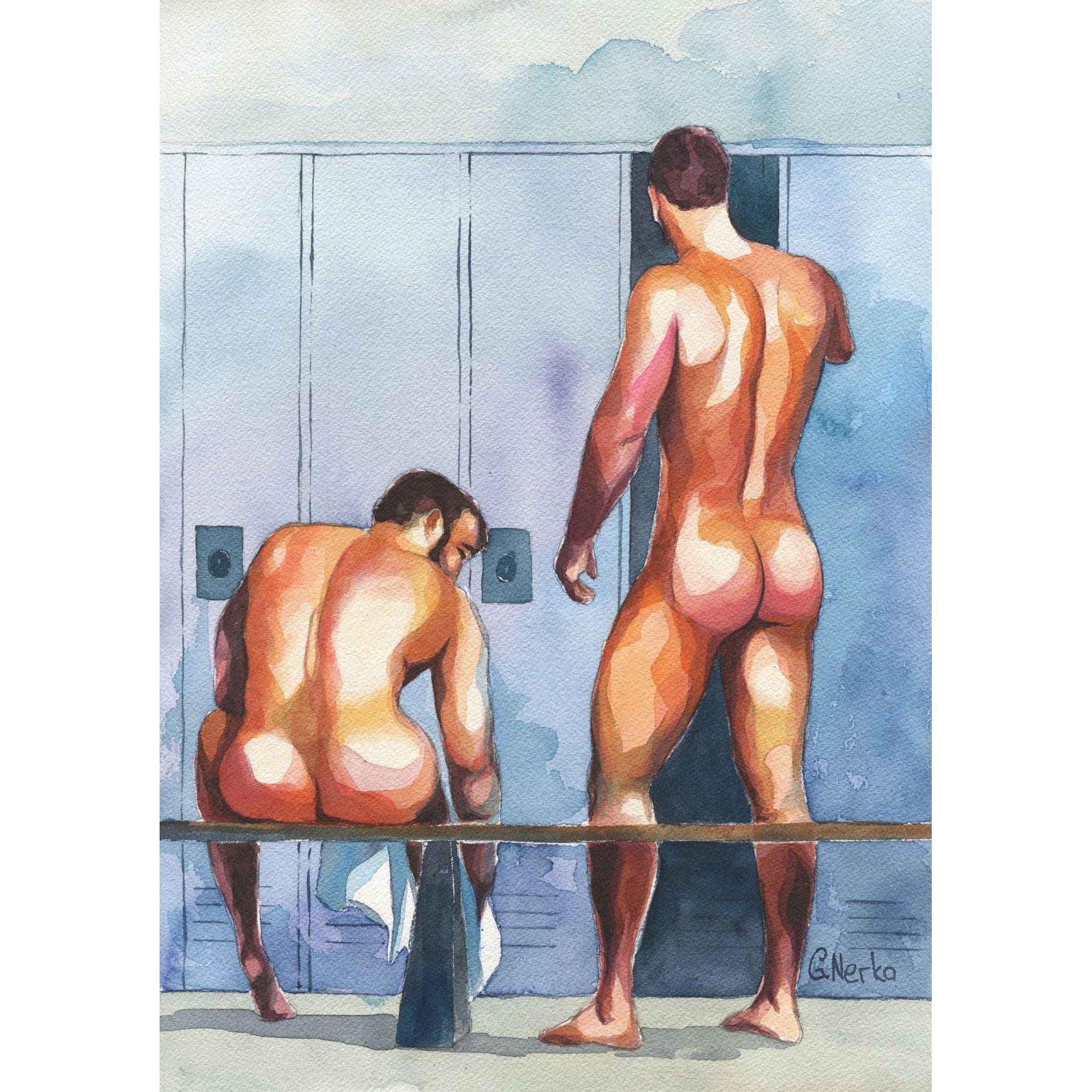 PRINT of Art Work Watercolor Painting Gay Male Nude "In the locker room 6"