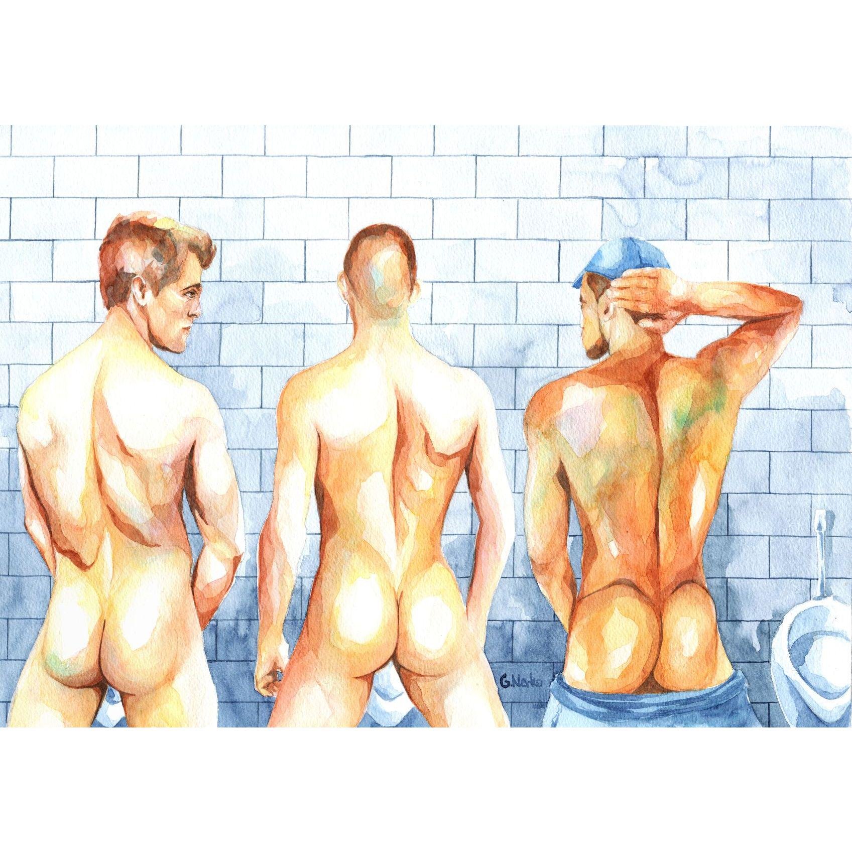 PRINT of Original Art Work Watercolor Painting Gay Male Nude "Public toilet 23"
