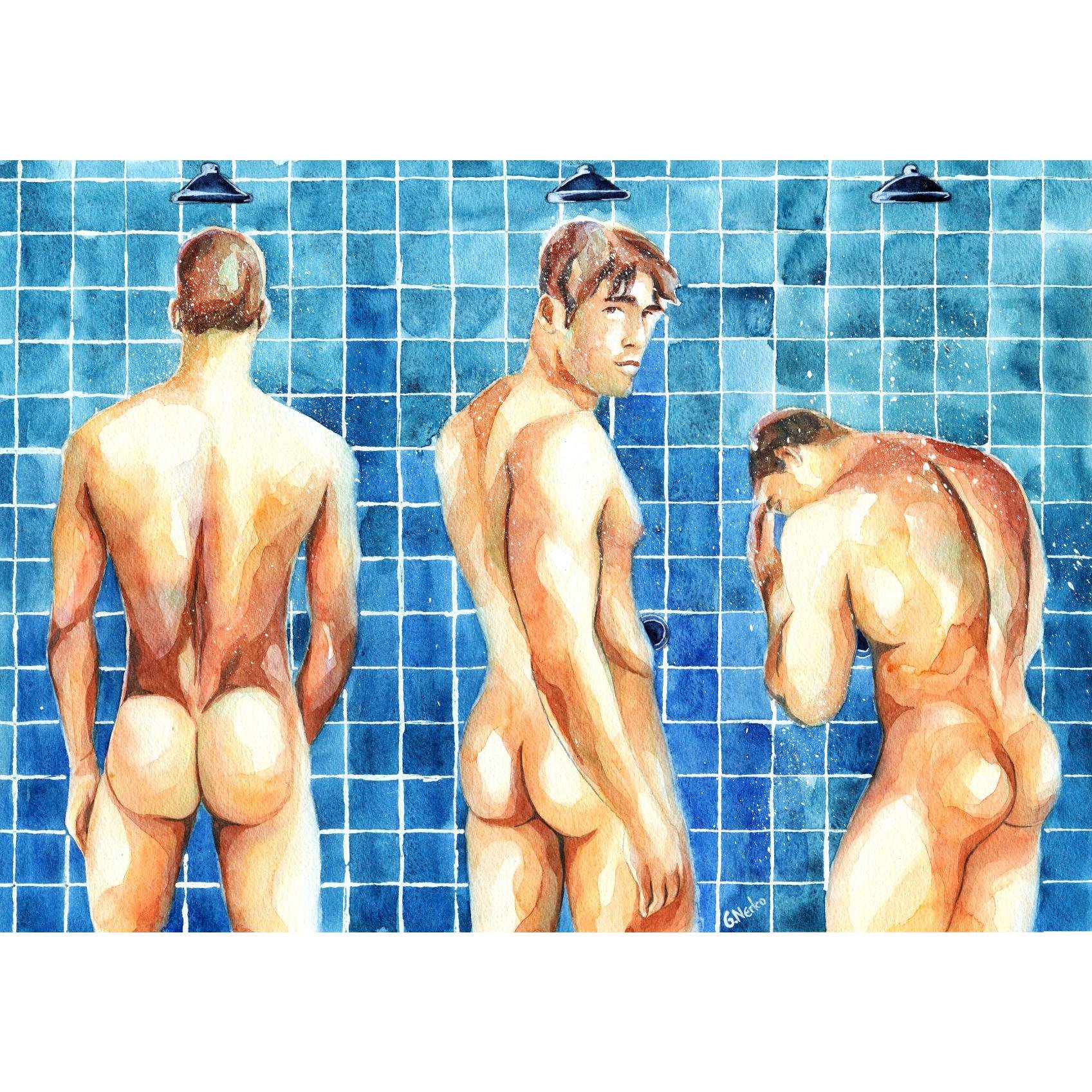PRINT of Original Art Work Watercolor Painting Gay Male Nude "Shower 12"