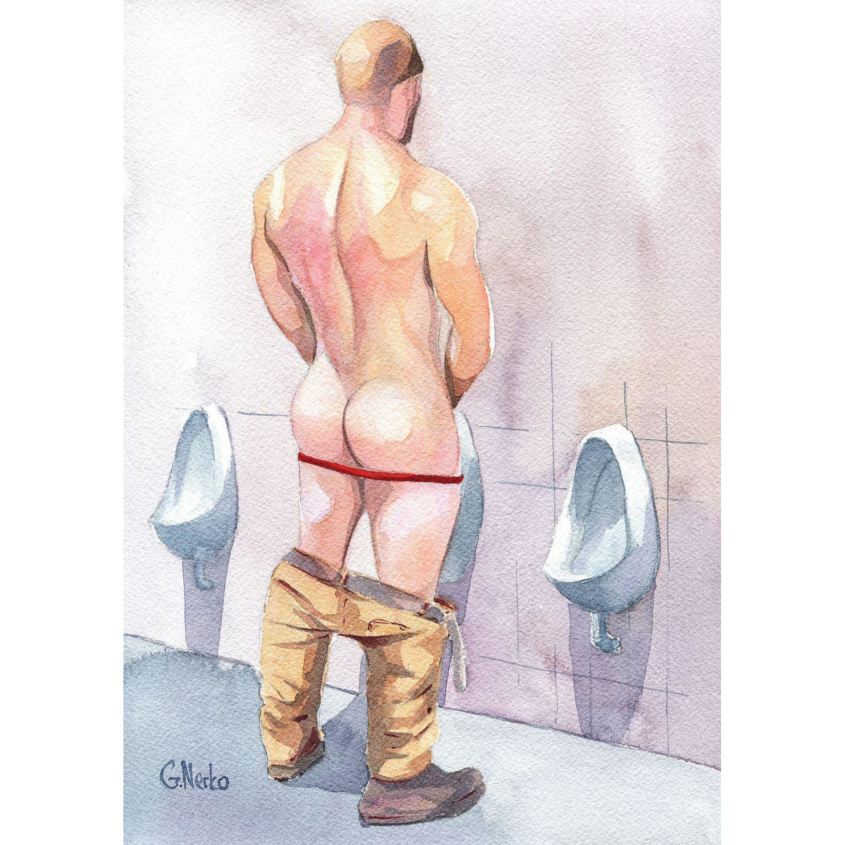 PRINT of Original Art Work Watercolor Painting Gay Male Nude "Public toilet 37"
