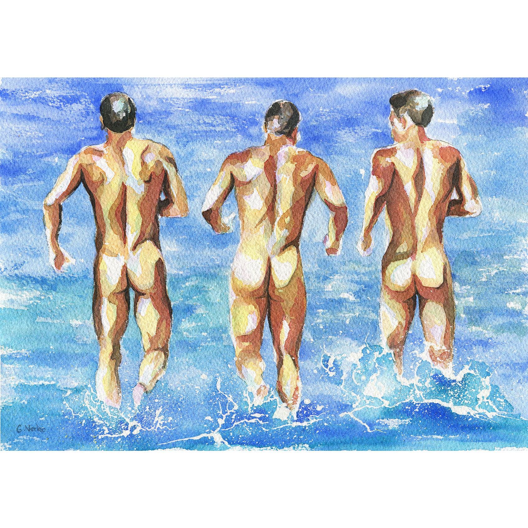 PRINT of Original Art Work Watercolor Painting Gay Male Nude "Agua fria"