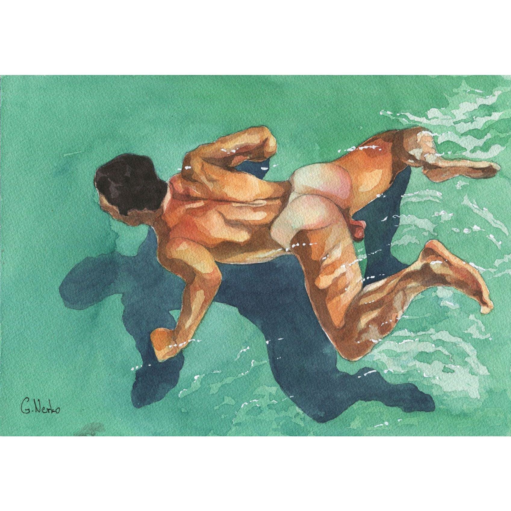 PRINT of Original Art Work Watercolor Painting Gay Male Nude "Swimmer underwater"