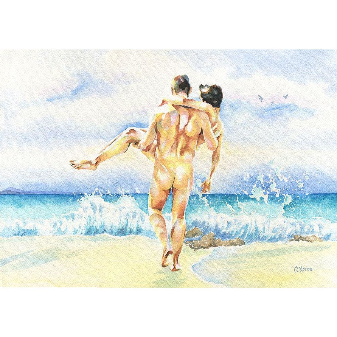 PRINT of Original Art Work Watercolor Painting Gay Male Nude "On the waves"