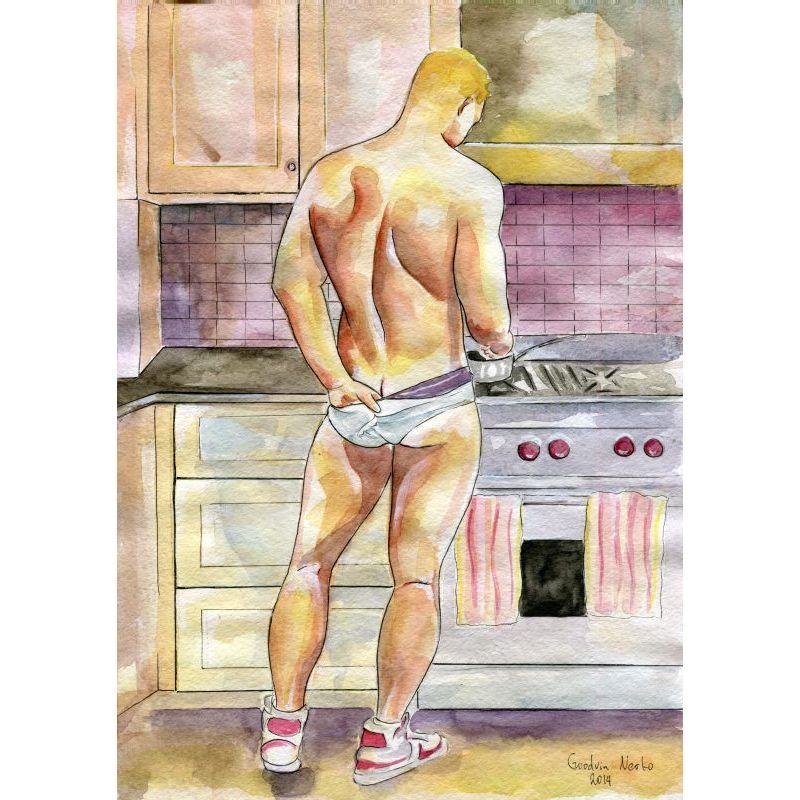 PRINT of Original Art Work Watercolor Painting Gay Male Nude "Let's cook"