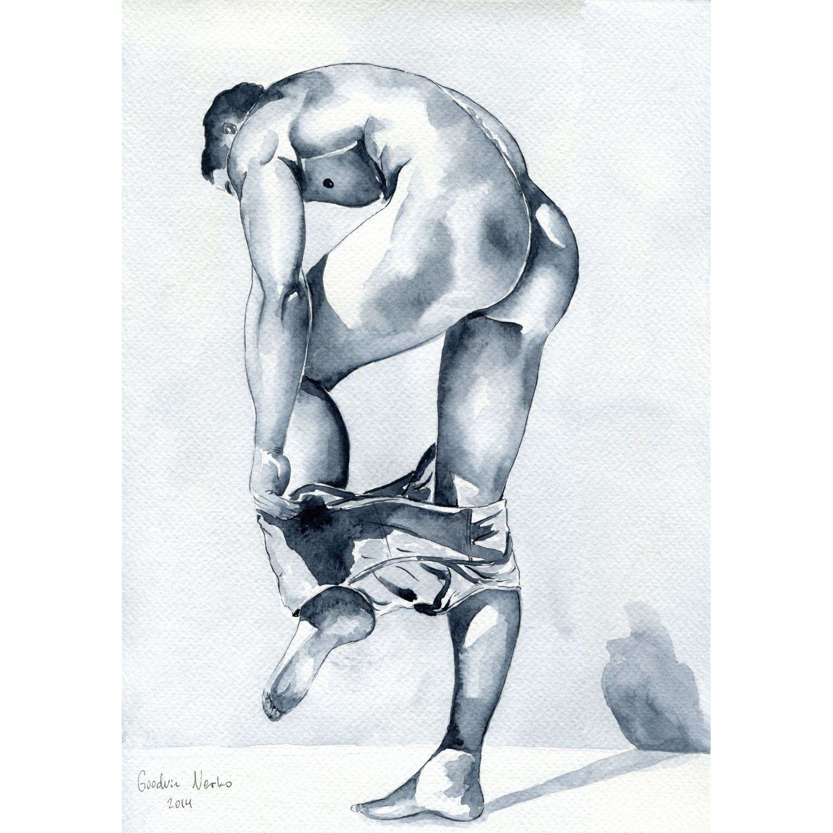 PRINT of Original Art Work Watercolor Painting Gay Male Nude "Blue"