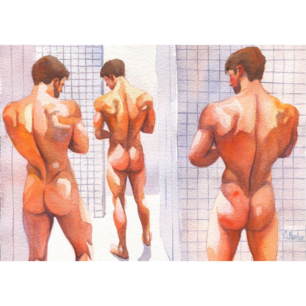 PRINT of Original Art Work Watercolor Painting Gay Male Nude "Shower Room 2"