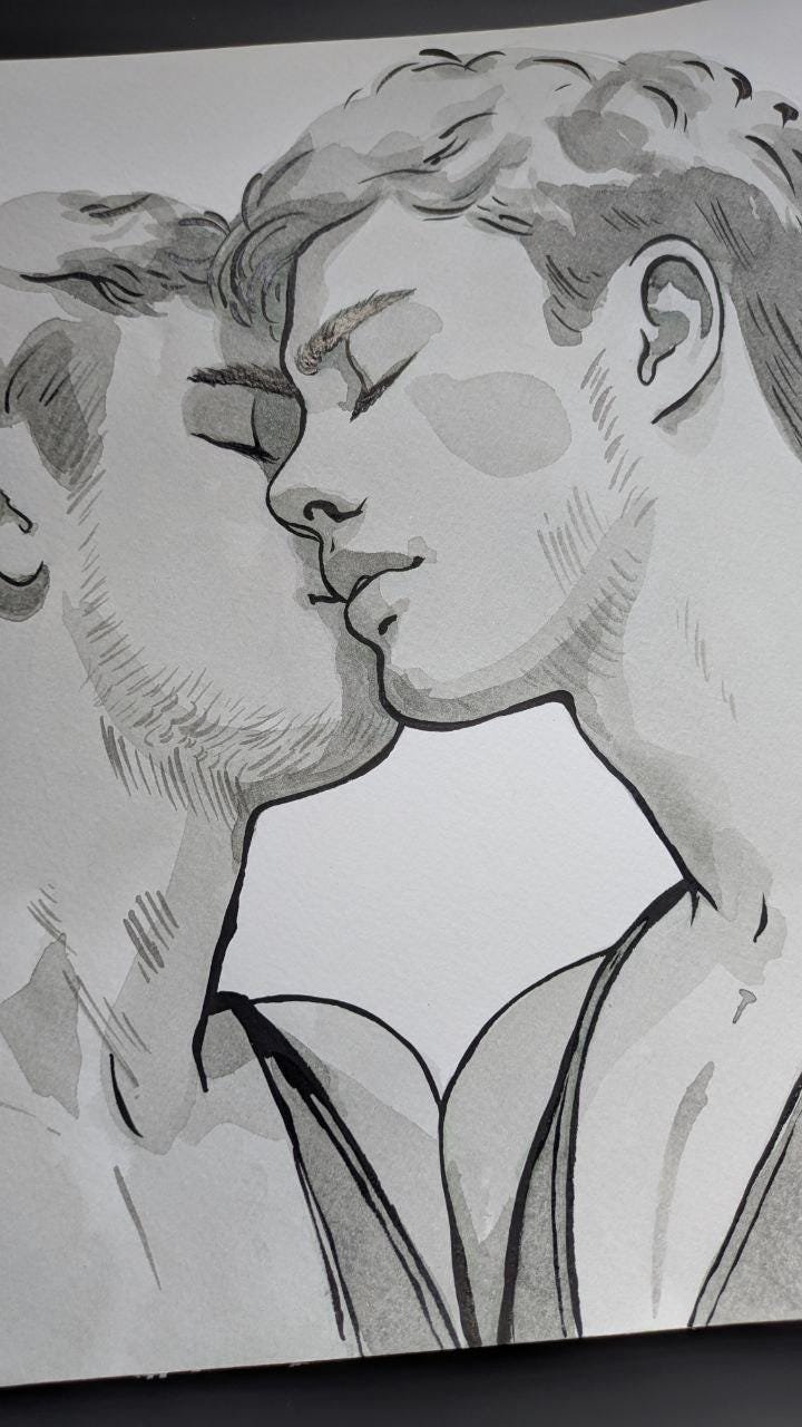 Original Hand painted Artwork Ink Drawing Erotic Male Man Gay