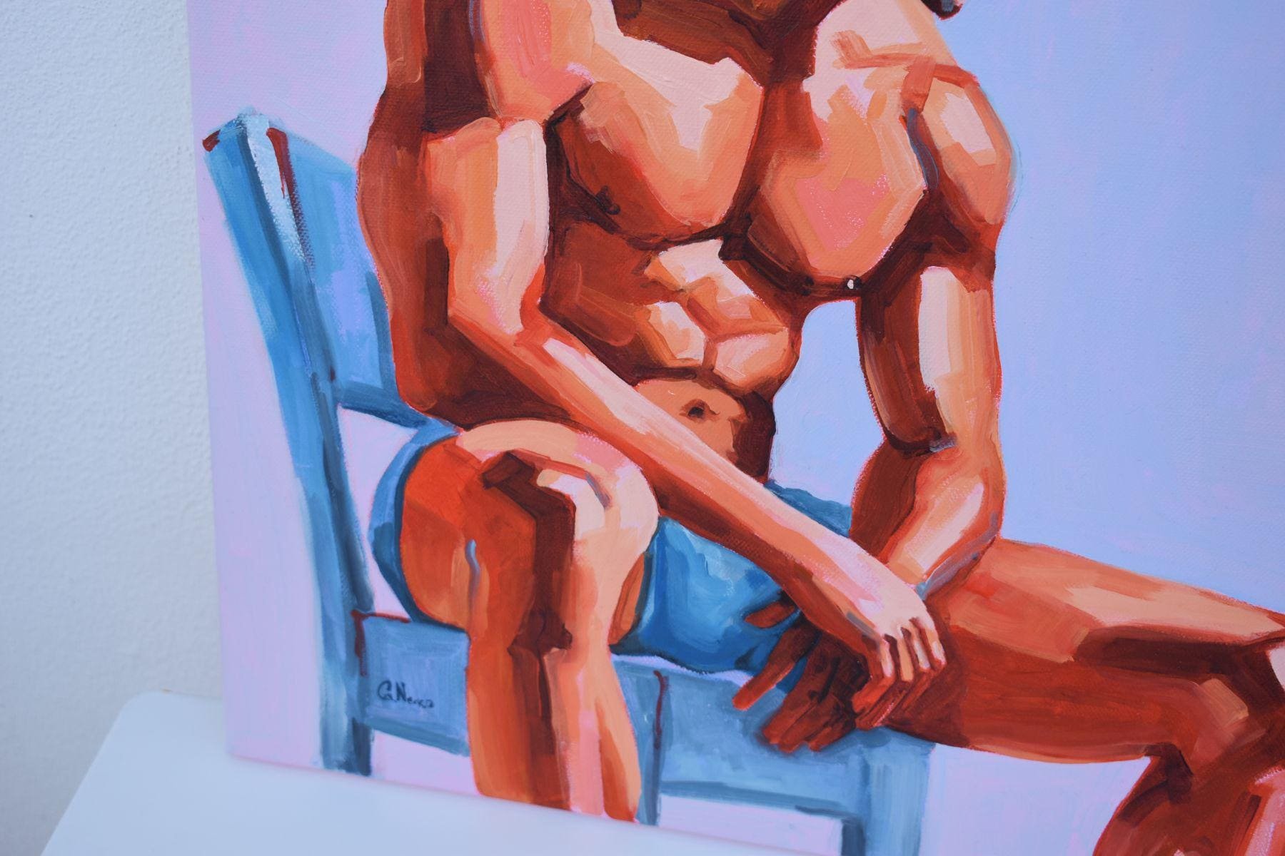 Original Hand painted Oil Painting on canvas Erotic Male Man Nude Gay