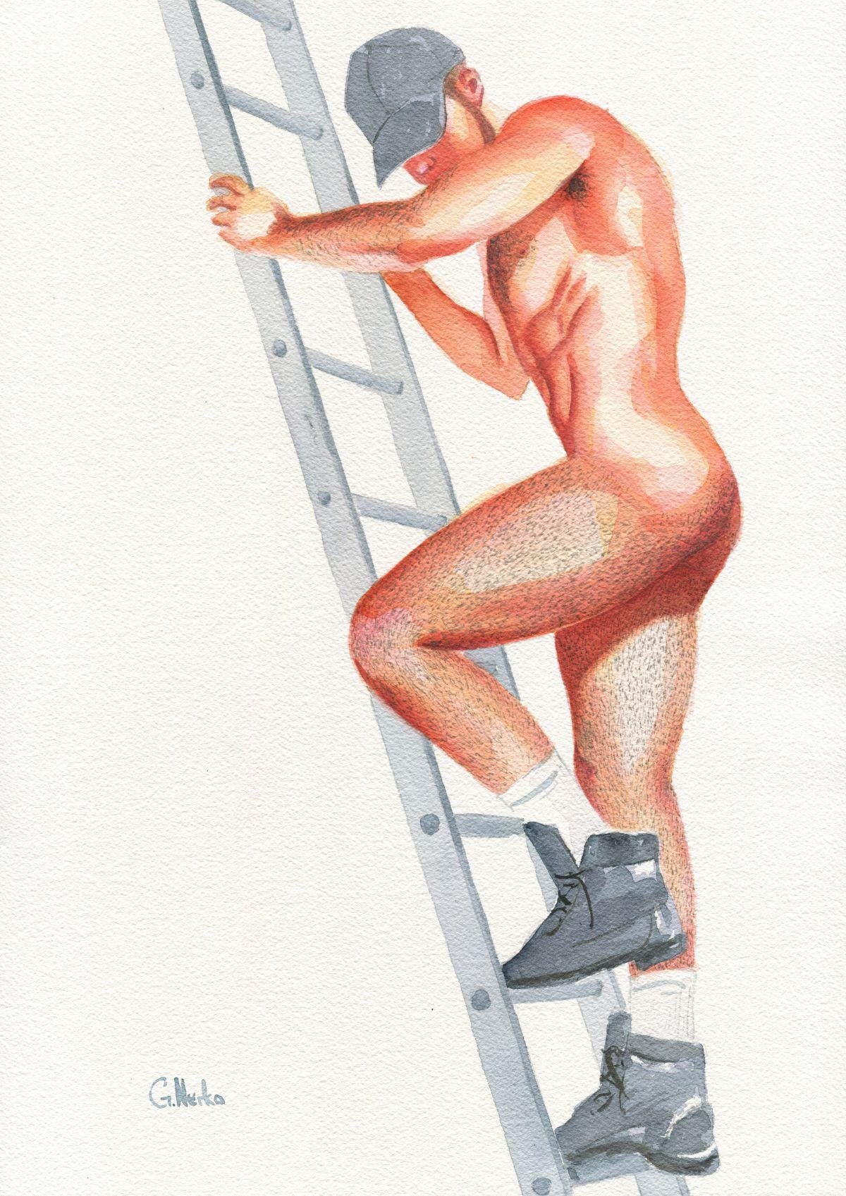 12x16" Original Hand painted Artwork Watercolor Painting Gay Man Male Nude A3