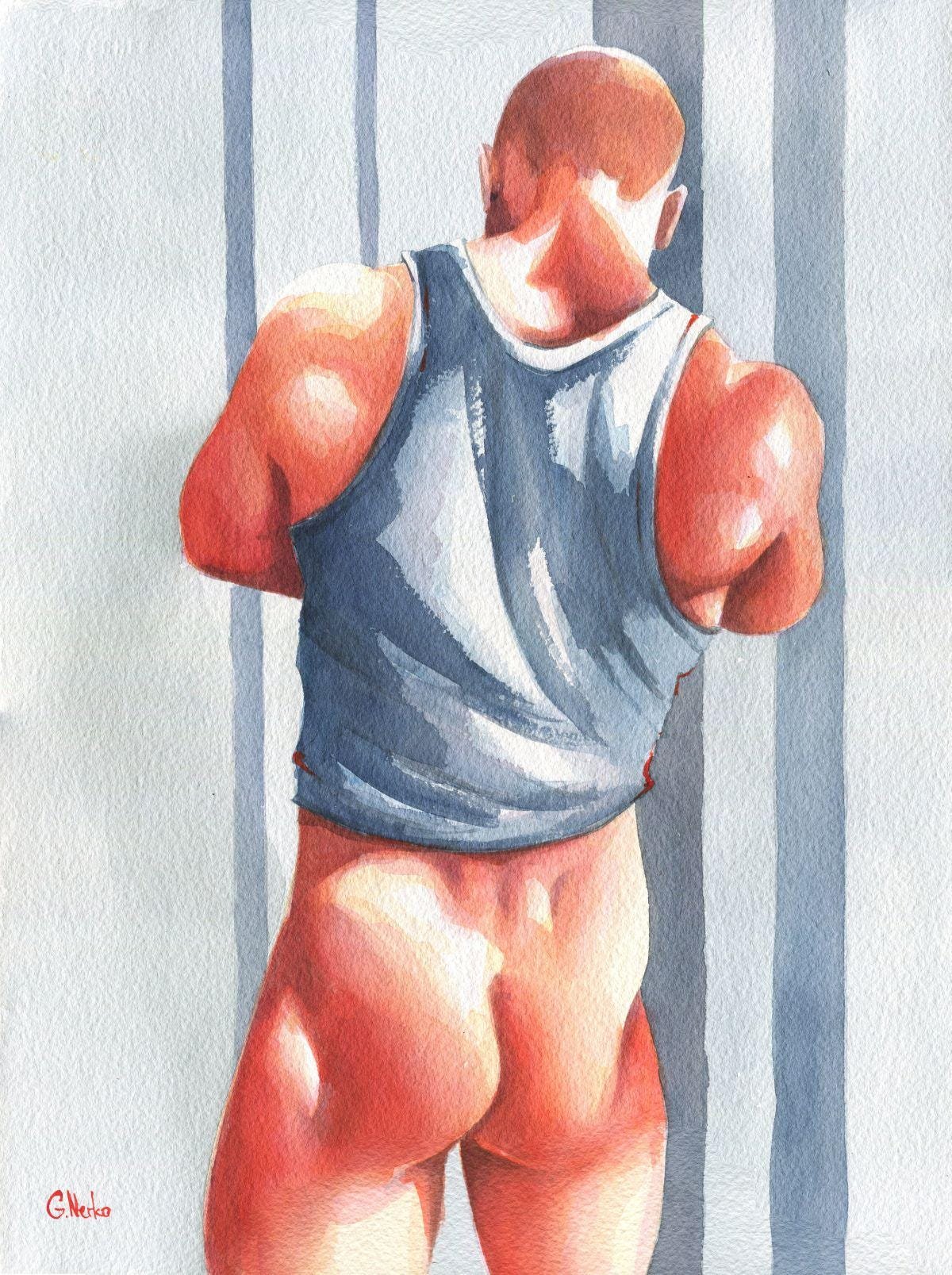 Unique Gay Man Art - Original Watercolor Painting on Paper, 11x15 inches