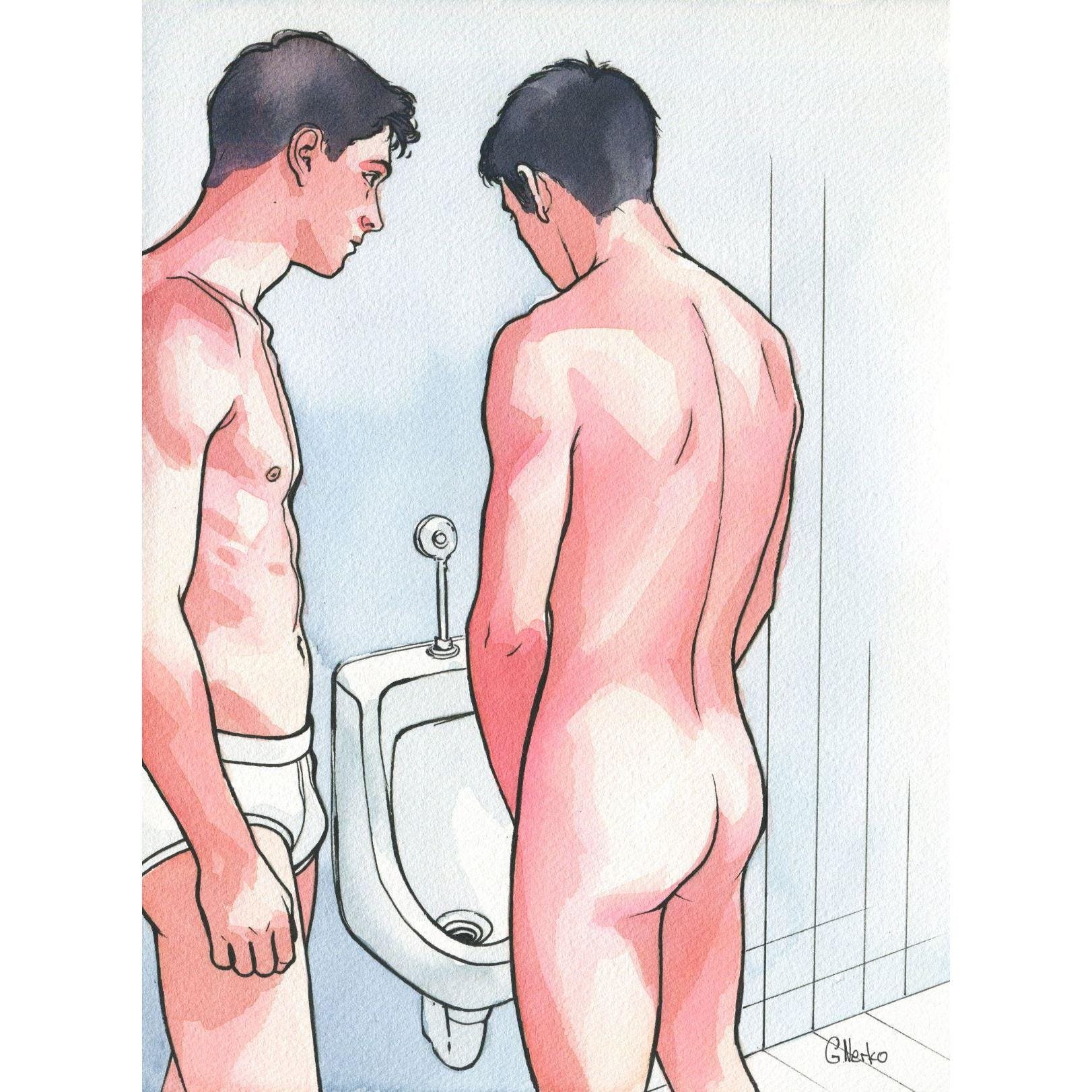 Original Hand painted Artwork Ink Drawing Erotic Male Man Gay