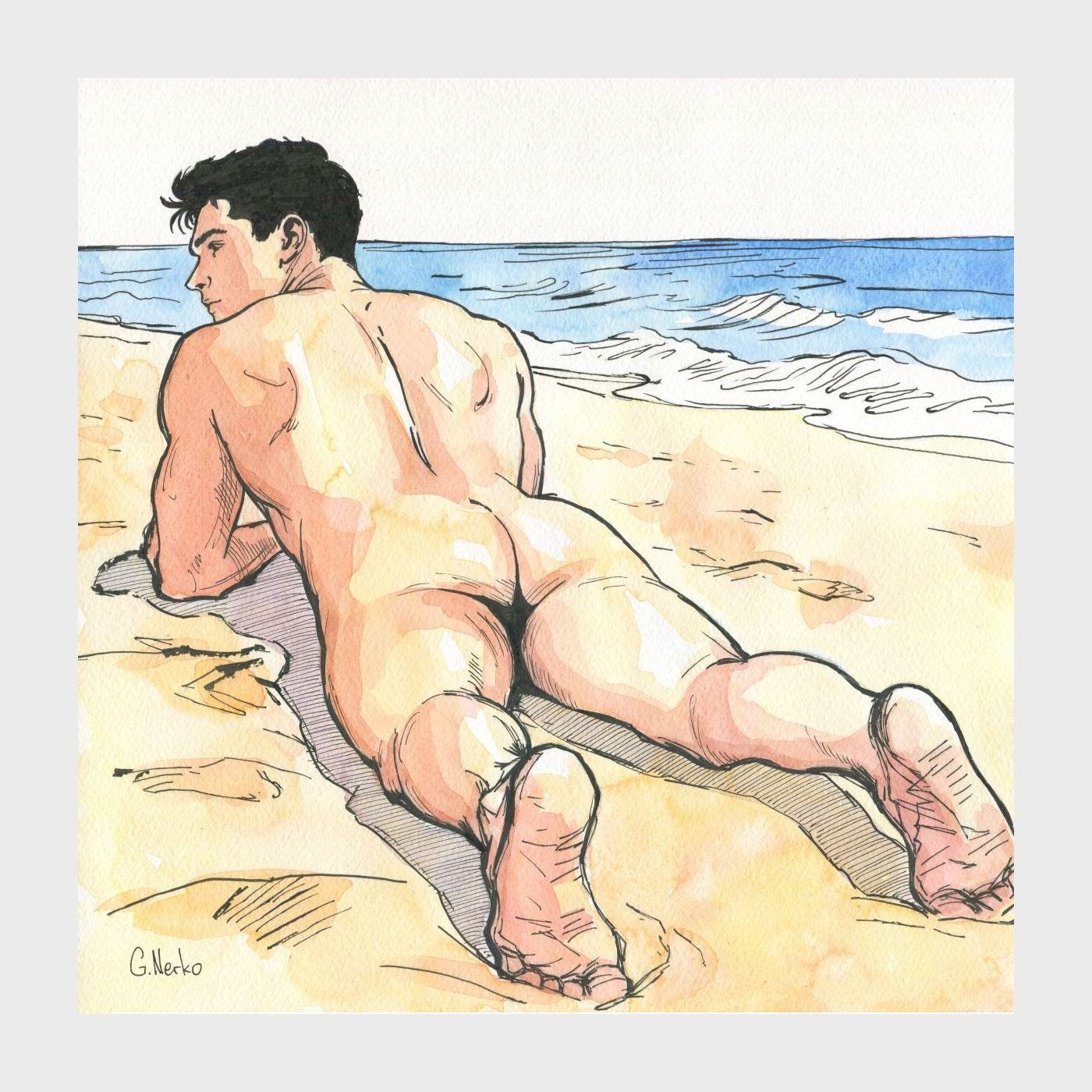 Original Hand painted Artwork Ink Drawing Erotic Male Man Gay