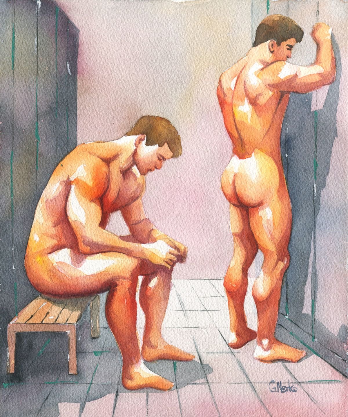 12x10" Original Hand painted Artwork Watercolor Painting Gay Man Male Nude