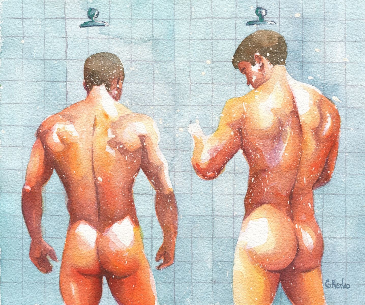 12x10" Original Hand painted Artwork Watercolor Painting Gay Man Male Nude