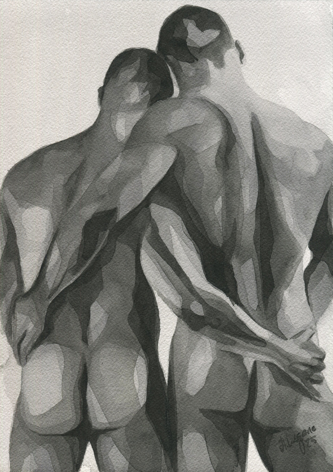 Original Hand painted Artwork Watercolor Painting Erotic Male Man Nude Gay