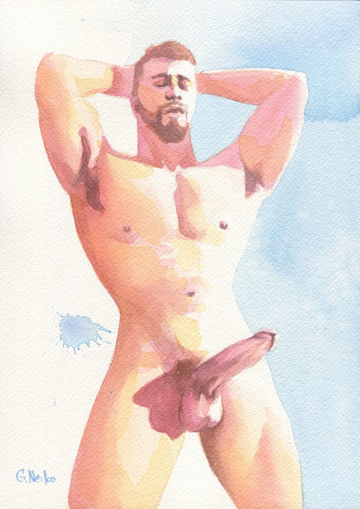 Original Hand painted Artwork Watercolor Painting Erotic Male Man Nude Gay