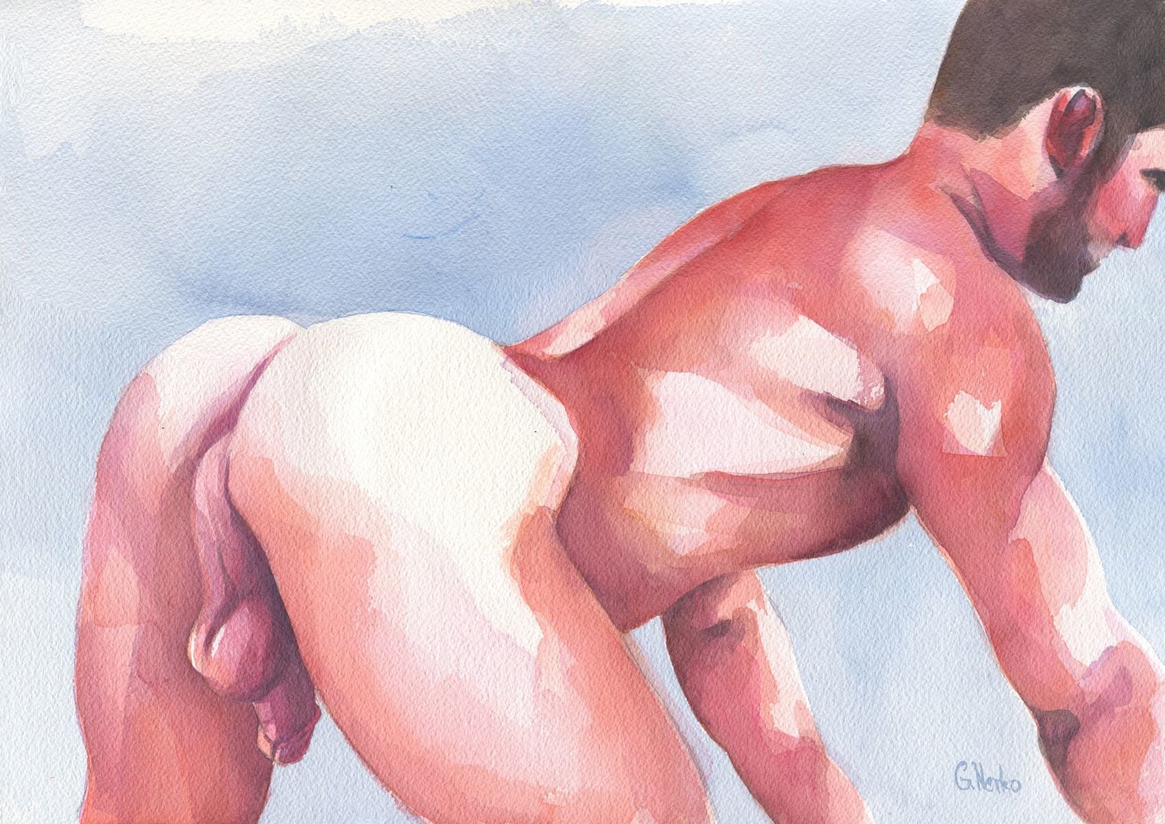 12x16" Original Hand painted Artwork Watercolor Painting Gay Man Male Nude A3