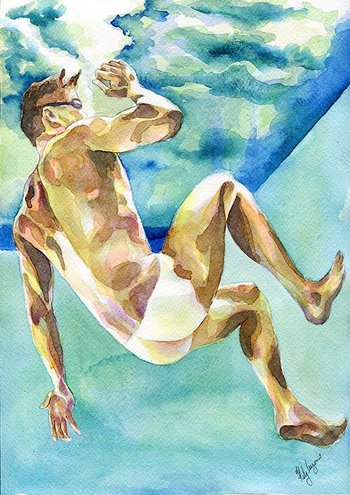 PRINT of Original Art Work Watercolor Painting Gay Male Nude "Under water"