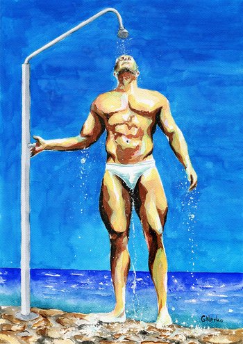 PRINT Original Art Work Watercolor Painting Gay Male Nude "Beach shower"