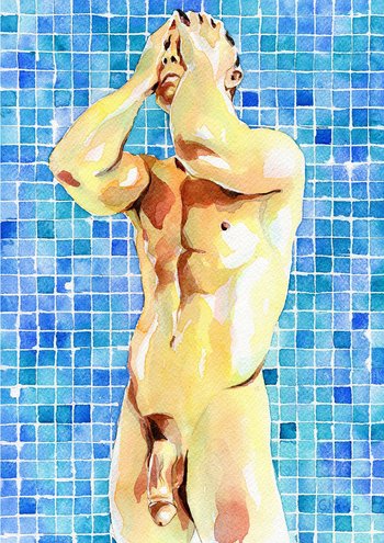 PRINT of Original Art Work Watercolor Painting "Showering"