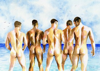 PRINT Original Art Work Watercolor Painting Gay Male Nude "Beach party"
