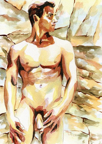 Print of Original Artwork Watercolor Painting "Rock and sand"