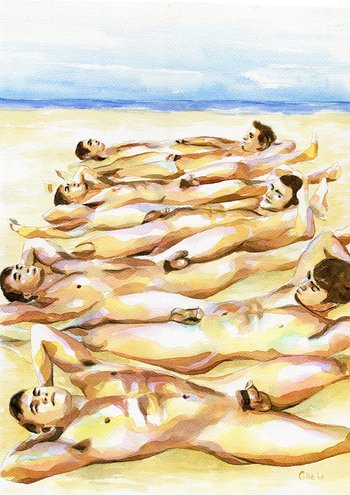 PRINT Original Art Work Watercolor Painting "Beach party 2"