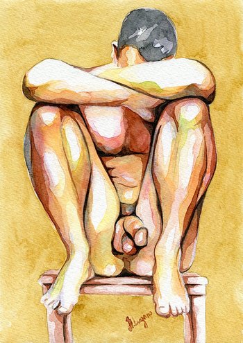 PRINT of Original Art Work Watercolor Painting Gay Male Nude "Thoughtful"