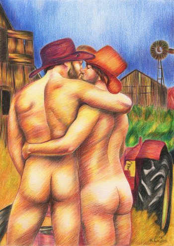 PRINT Original Art Work Pencil Drawing Gay Male Nude "On the farm"