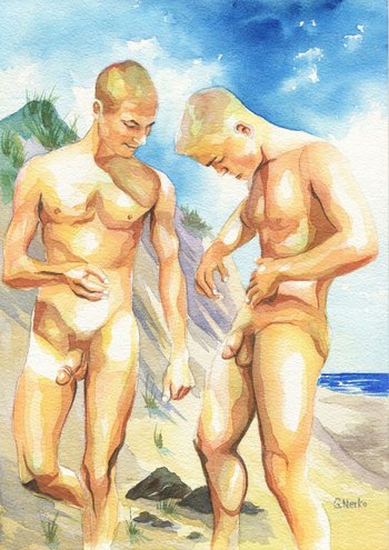 PRINT Original Art Work Watercolor Painting "Naked on the beach"