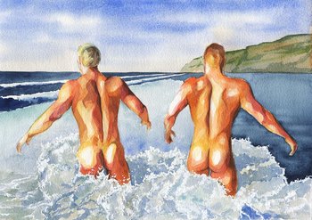 PRINT of Original Art Work Watercolor Painting "2 guys on the beach"