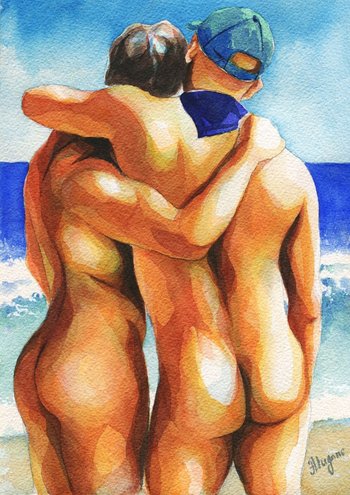 PRINT of Original Art Work Watercolor Painting Gay Male Nude "Lovers on the beach 3"