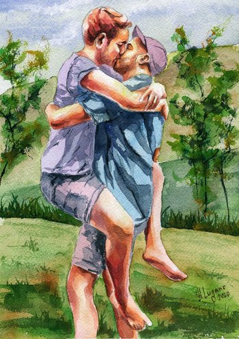 PRINT of Original Art Work Watercolor Painting Gay Interest Male Nude "Kiss 10"