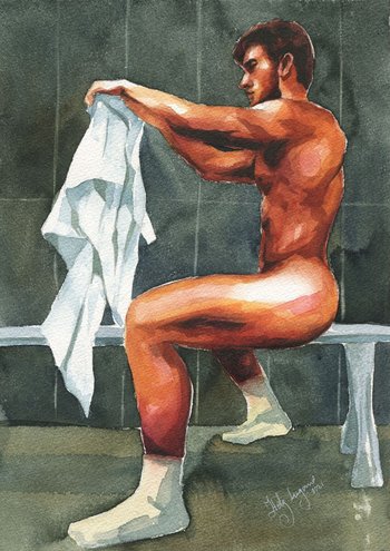 PRINT of Original Art Work Watercolor Painting "In the locker room 4"