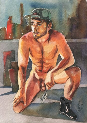 PRINT of Original Art Work Watercolor Painting "Garage worker"
