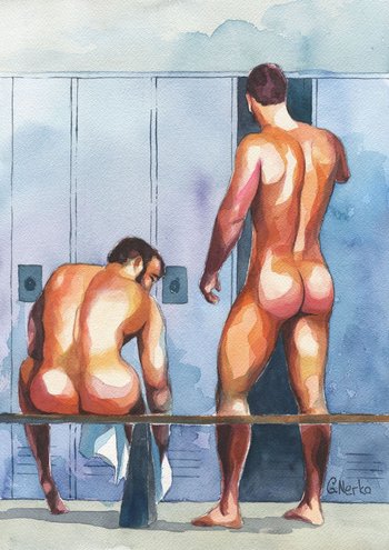PRINT of Original Art Work Watercolor Painting "In the locker room 6"