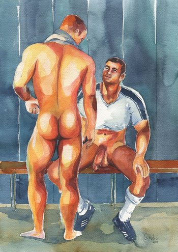 PRINT of Original Art Work Watercolor Painting Gay Interest Male Nude "In the locker room 7"
