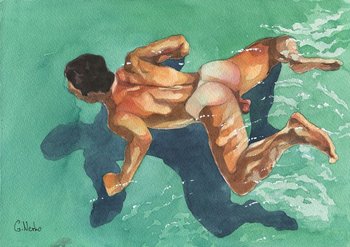 PRINT of Original Art Work Watercolor Painting Gay Interest Male Nude "Swimmer underwater"
