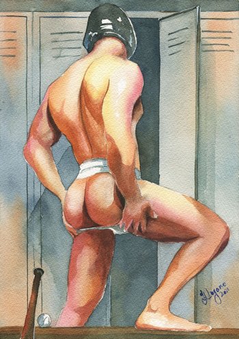 PRINT of Original Art Work Watercolor Painting Gay Male Nude "In the locker room 5"