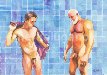 PRINT of Original Art Work Watercolor Painting Gay Interest Male Nude "Mike and Coach"