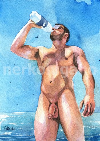 PRINT of Original Art Work Watercolor Painting "Guy drinking water"