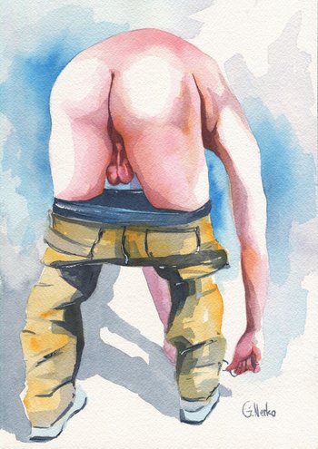 PRINT of Original Art Work Watercolor Painting "Guy bent over"