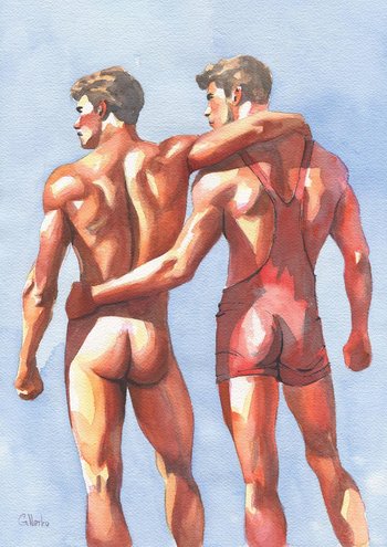 12x16" Original Hand painted Artwork Watercolor Painting Gay Man Male Nude A3