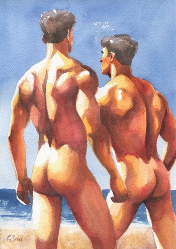 Original Hand painted Artwork Watercolor Painting Erotic Male Man Nude Gay