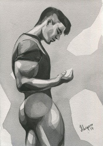 Original Hand painted Artwork Watercolor Painting Erotic Male Man Nude Gay