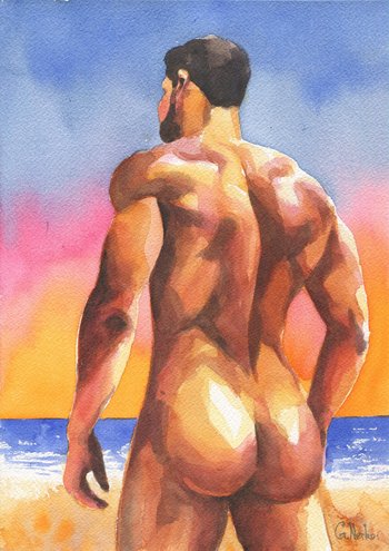 Original Hand painted Artwork Watercolor Painting Erotic Male Man Nude Gay