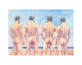 12x16" Original Hand painted Artwork Watercolor Painting Gay Man Male Nude A3