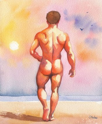 12x10" Original Hand painted Artwork Watercolor Painting Gay Man Male Nude